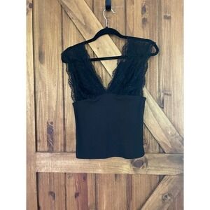 Easel Black Lace V-Neck Ribbed Tank Top